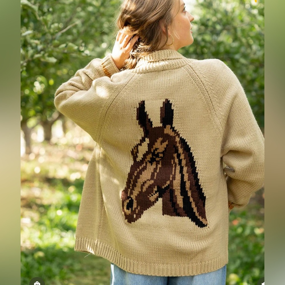 Varsity Horse Cardigan in Camel